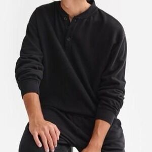 MATE The Label Mens Organic Fleece Henley Crew‎ Neck Sweatshirt Black Size S
